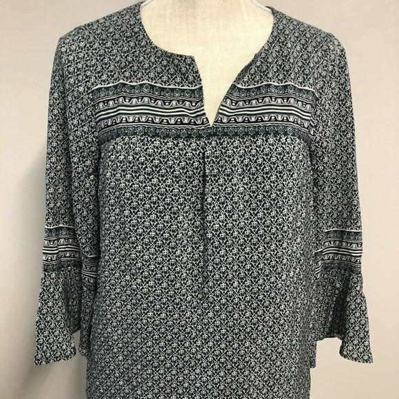 Madewell Dress Green White 100% Silk Boho Bell Sleeve with Pockets - Picture 2 of 7